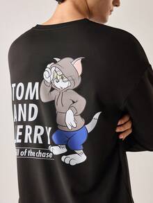 Strevion TOM & JERRY 男士休闲通勤汤姆和杰瑞图案印花字母刺绣圆领长袖修身卫衣，春秋季 - 黑色 - 查看 3