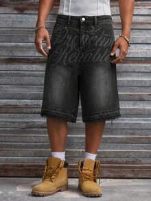 AXEPEAK Men's Washed Denim Shorts With Embroidered Floral Design, Fashionable - Black - View 5