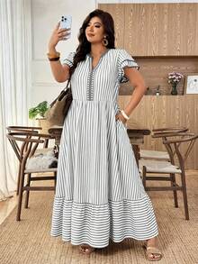 Weeklong Gaun Kasual Wanita Ukuran Plus Motif Garis-garis Kerah V dengan Trim Kontras Lapisan Ganda Lengan Bergelombang, Cocok untuk Pakaian Sehari-hari Musim Semi/Panas, Kantor, Jalan-jalan, dll. - MultiWarna - View 3