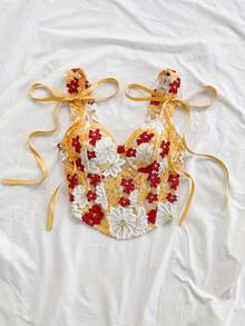 Soleia 女款精緻時尚刺繡透視骨架繫帶背心上衣 - 橘色 - 查看 5