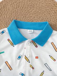SHEIN 幼童男童夏季休閒兩件套，包含棕櫚樹與船隻印花領子 Polo 衫及彈性腰圍短褲，時尚舒適，適合 6 個月至 3 歲男童，適合日常穿著、戶外活動及返校 - 藍色 - 查看 7