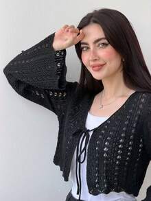 Yasmeen Edit Yasmeen Edit 女款翻領自綁帶喇叭袖開襟外套 秋冬上衣 黑色 - 黑色 - 查看 3