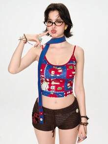 Sweetness Spring/Summer Vacation Handmade Cute Apple Print Red White And Blue Design Women's Tank Top, Suitable For Island Vacation, Date, Valentine's Day Y2k - Multicolor - View 4