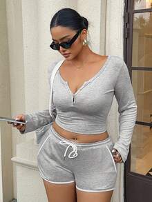 Dazy Plus Solid Color Elastic Bodycon Half-Open Front Cropped Blogger Casual Streetwear Top Ultra Mini Tight Shorts 2pcs Set Plus Size Women Autumn White Office - Grey - View 6
