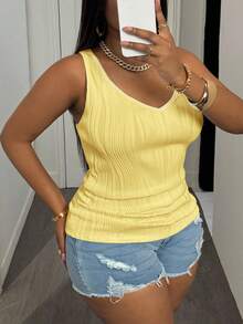 Slaydiva Plus Size Women's Casual Basic Tank Top, Deep V-Neck And Fine Ribbed Texture, White - Light Yellow - View 4