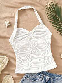 Sparklyn Teen Girl White Spaghetti Strap Camisole,Elegant Summer Beach Holiday 3D Wavy Fabric Top With Golden Starfish And Hollow Lace Trim - White - View 2