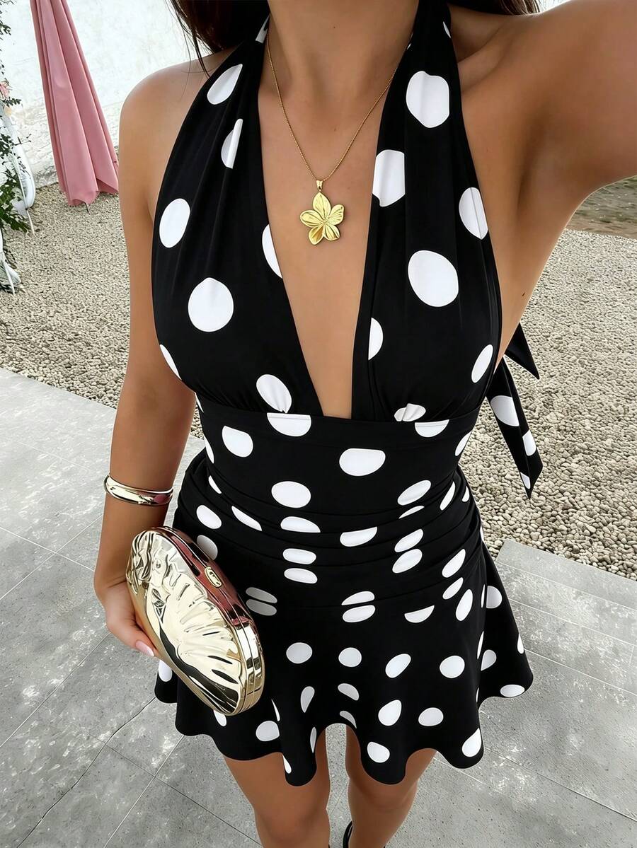 Cévolie Vacation Style Polka Dot Print Backless Halter Neck Mini Dress - Black and White - View 1