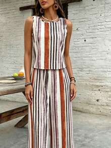 EMERY ROSE Women's Round Neck Striped Patchwork Top And Wide Leg Pants Casual 2 Pieces Set - Multicolor - View 4