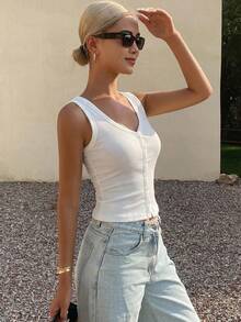 DAZY Women's Summer Square Neck Fitted Ribbed Tank Top - White - View 2