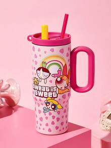 THE POWERPUFF GIRLS X SHEIN 24盎司帶把手保溫杯，真空隔熱水壺，不鏽鋼旅行馬克杯，車用杯 - 藕粉色 - 查看 2
