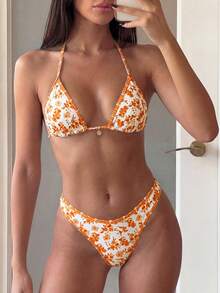 Costavie 女款夏季海灘花卉印花掛脖綁帶性感比基尼三角泳褲兩件式泳衣套裝 - 橘色 - 查看 4