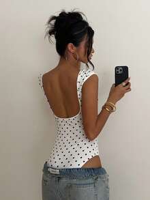 Aloruh Women's Elegant Off-Shoulder Backless Fitted Polka Dot Short Sleeve Bodysuit - Multicolor - View 3