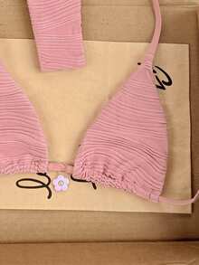 Swim Vcay 2026 Spring/Summer Women's Sexy Bikini, Triangle Cup Halter Neck, Pink With Small Flower Decor, High Cut, Adjustable, Suitable For Beach, Seaside, Pool - Pink - View 3