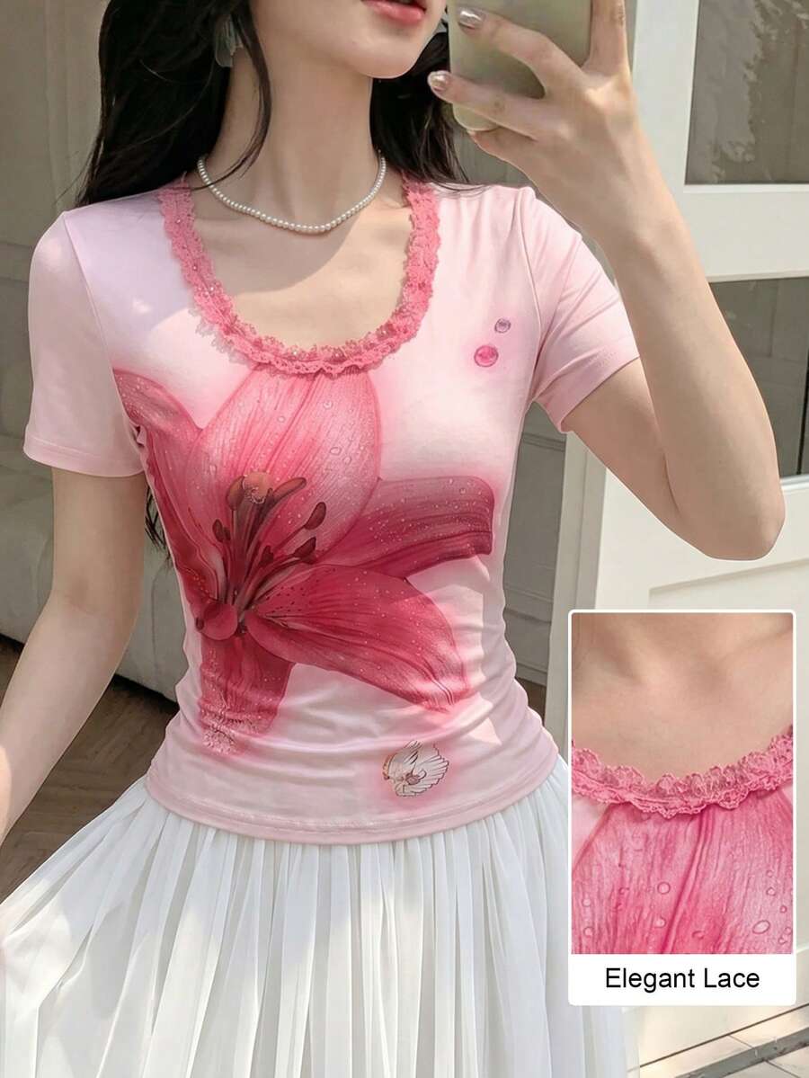 Modelyn 花卉印花撞色蕾丝短袖性感休闲T恤,适合夏季度假 - 粉色 - 查看 1
