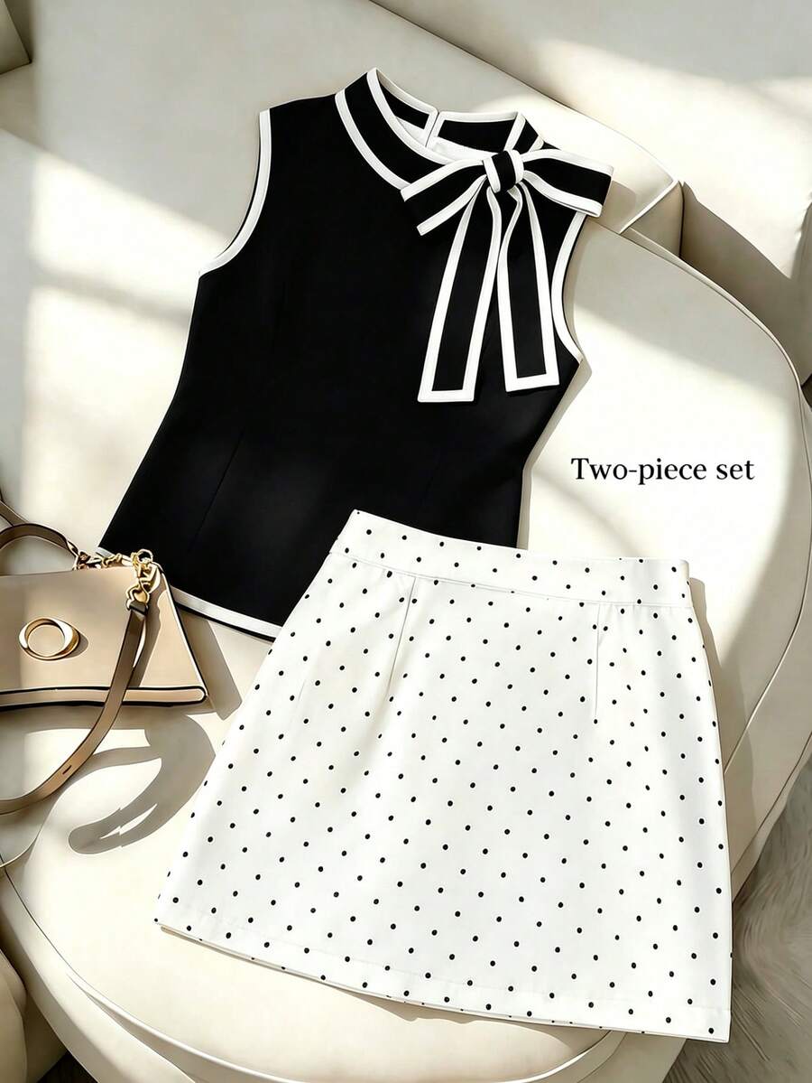 SHEIN Franclia Bộ đồ nữ thanh lịch, thoáng khí, không tay và chân váy chấm bi, thích hợp cho mùa hè. - Đen và trắng - Xem 1