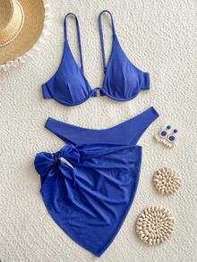 SHEIN Swim Summer 3pcs/Set Bikini With Underwire Bra, Panty And Cover-Up - Blue - View 4