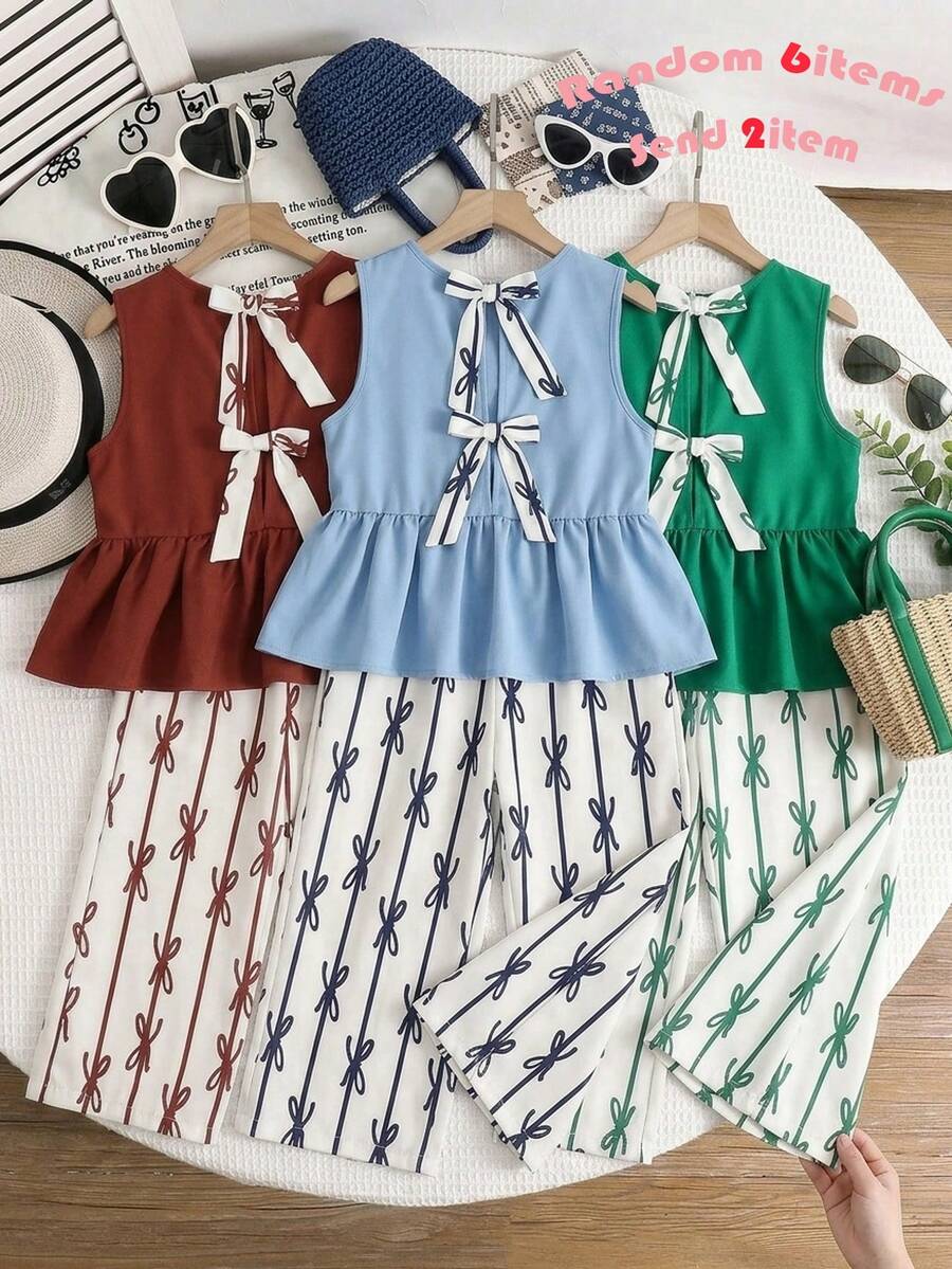 SHEIN 2件套少女碎花无袖上衣和宽松休闲裤套装 - 紅白色 - 查看 1