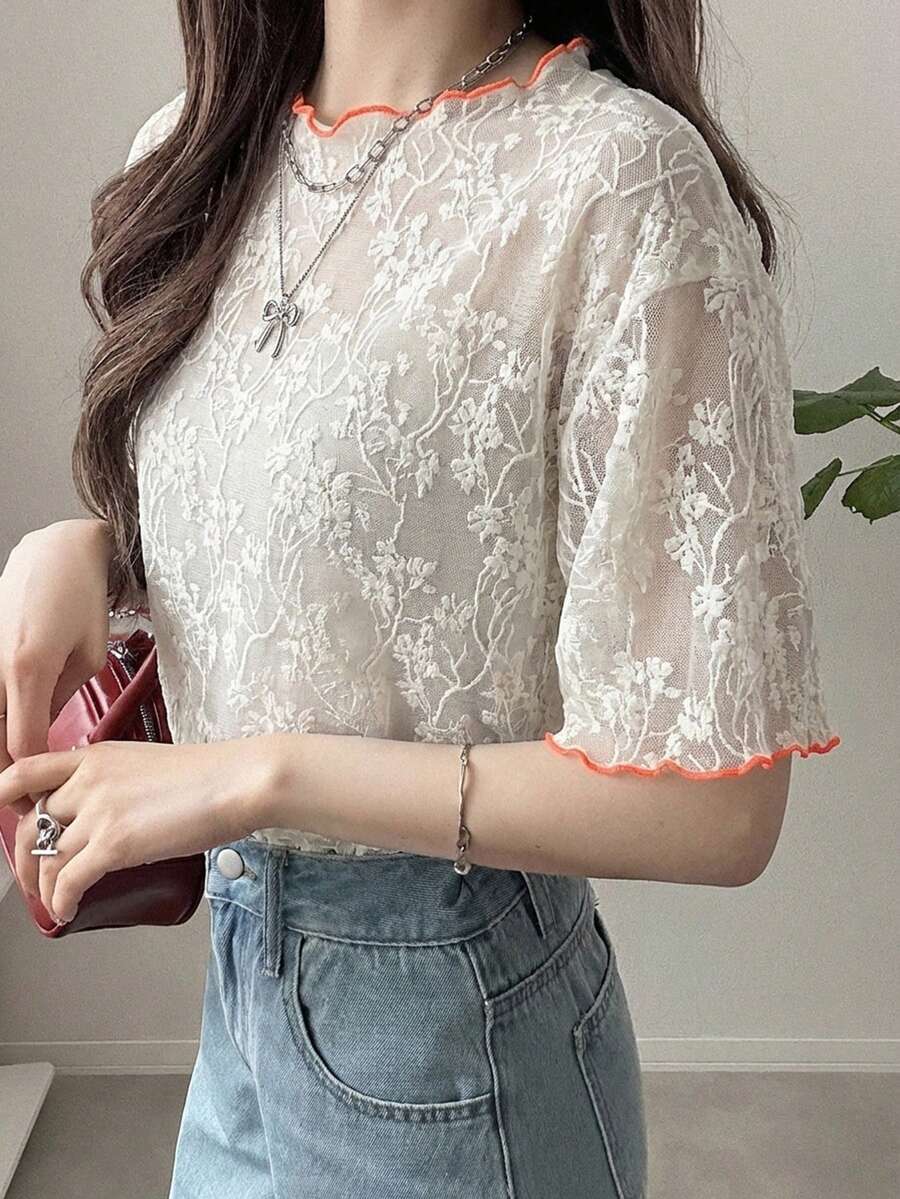 FRIFUL 女款波浪荷葉邊飾條紋寬鬆拼接短袖T恤夏季上衣 - 橘色 - 查看 1