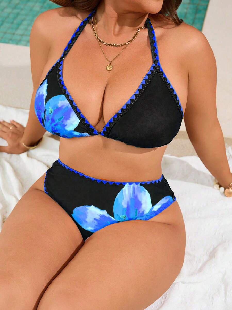 Swim Vcay 大尺碼女款簡約貝殼刺繡花卉印花掛脖綁帶性感比基尼兩件式泳衣套裝 - 彩色 - 查看 1