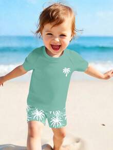 SHEIN Baby Boy Casual Simple Slim Fit Round Neck Short Sleeve Shorts Swimsuit Set Suitable For Summer - Multicolor - View 2