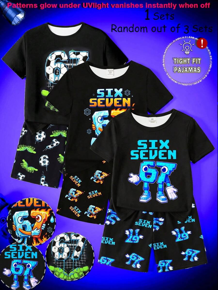 [1 Set Random] 2 Pcs Boys Toddler Round Neck Glow-In-The-Dark Neon Digital Print Short Sleeve & Shorts Snug Fit Pajamas Soft Knit Summer - Black - View 1