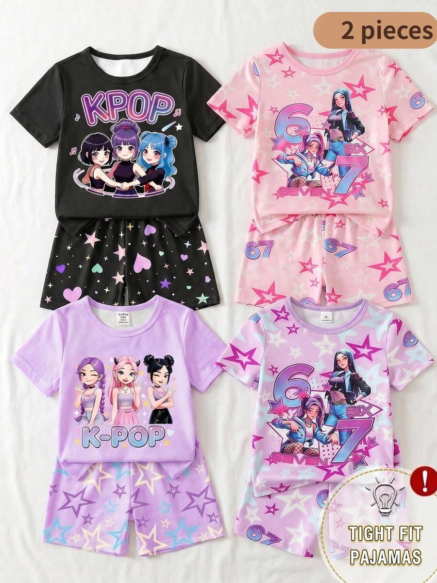 SHEIN 2件組女童幼兒可愛卡通恐龍印花貼身圓領T恤與緊身短褲休閒居家服 - 粉色 - 查看 1