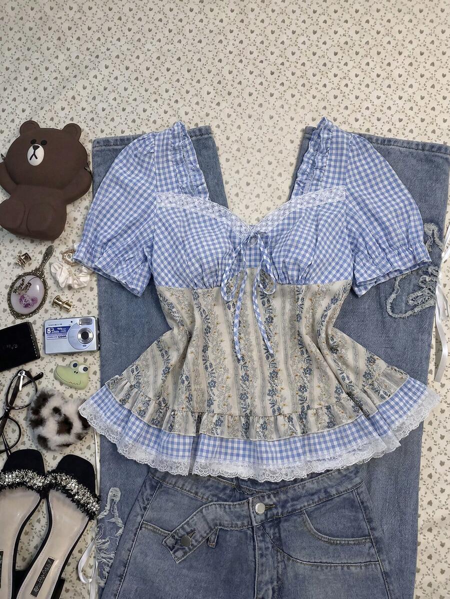 Sunspun Plus Size Spring/Summer Plaid Patchwork Floral Short Sleeve A-Line Ruffle Blouse Shirt Vacation Light Blue 90s - Blue - View 1