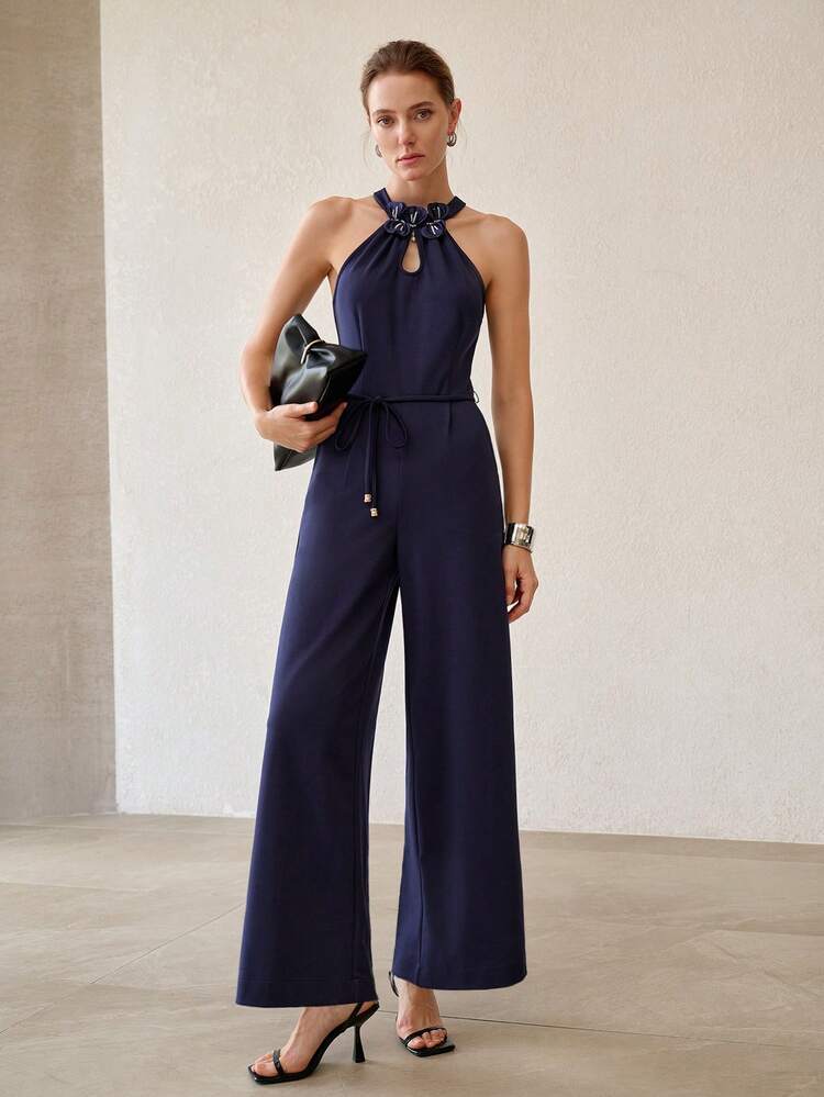 WOMEN'S FAUX PEARL DETAIL APPLIQUE HALTER NECK JUMPSUIT