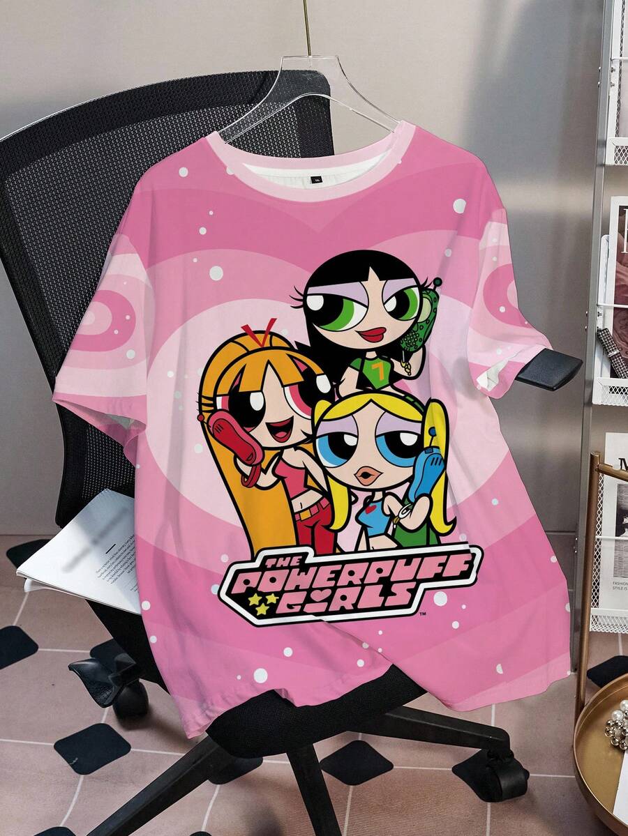 THE POWERPUFF GIRLS X SHEIN Camiseta de Talla Grande con Estampado de Dibujos Animados Cuello Redondo Estampado Completo - Blanco - Ver 1