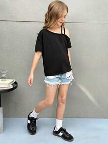 Firerie Kids Firerie Kids Nova Glow 青少年女孩休閒度假純色針織單肩短袖上衣 - 黑色 - 查看 5