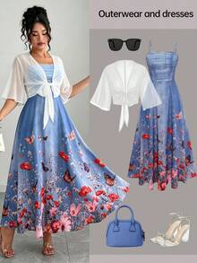 Elenzga Plus Size Women's Fashion Summer Floral Chiffon Dress & Jacket Elegant 2-Piece Set Fall - Multicolor - View 7