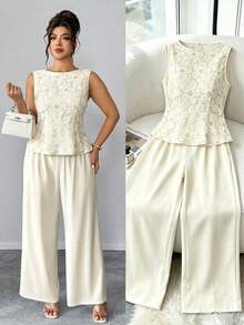 Elenzga Pailletten-Mesh-Patchwork-Ärmelloses figurbetontes Hemd + passende gerade Hose 2 Stücke Set, elegant für Ausgehen, Dates, Partys, Nachmittagstee in Große Größen - Aprikosenfarben - Übersicht 8