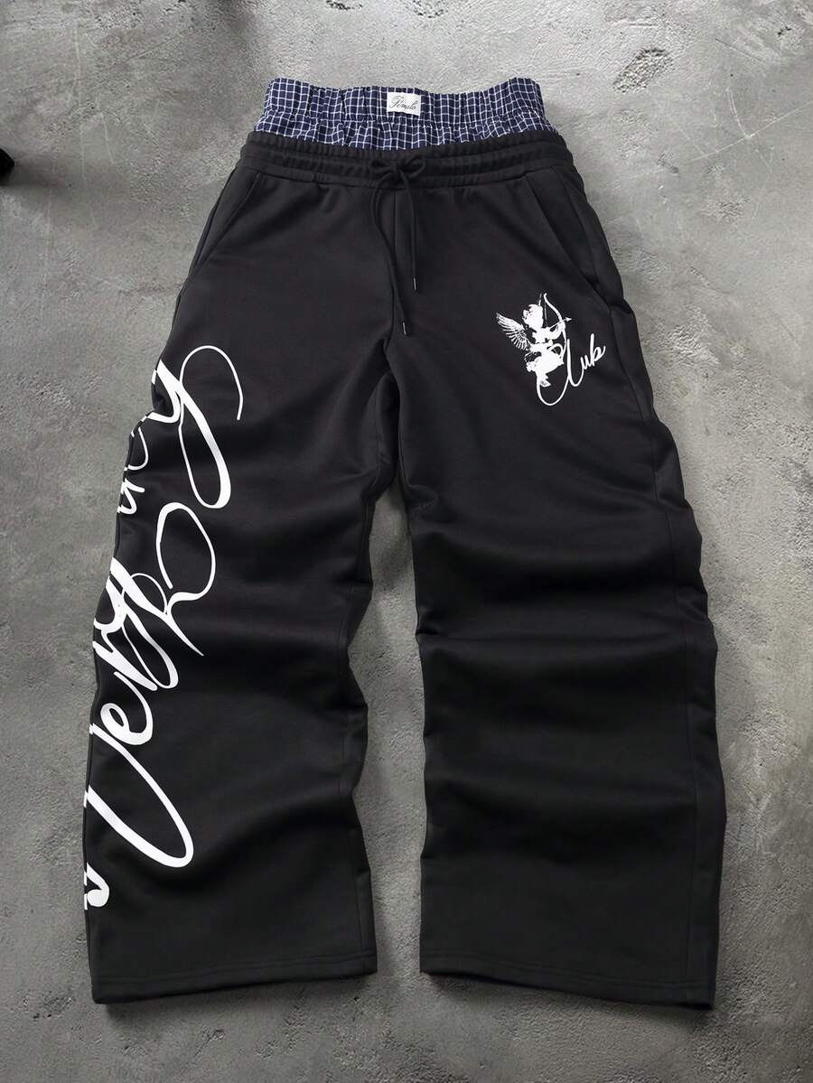 Manfinity Hypemode Pantalones de chándal para hombre con estampado de letras y patchwork a cuadros - Negro - Ver 1