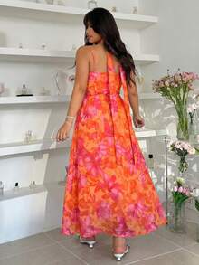 GalTyme Plus Size Women's Elegant Floral Print Spaghetti Strap Vacation Dress - Multicolor - View 2