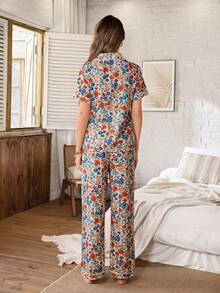 Serenescape Floral Print Lapel Short Sleeve Long Pants Pajama Set - Multicolor - View 2