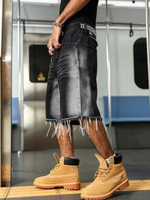 Manfinity EMRG Frayed Hem Denim Shorts - Black - View 6