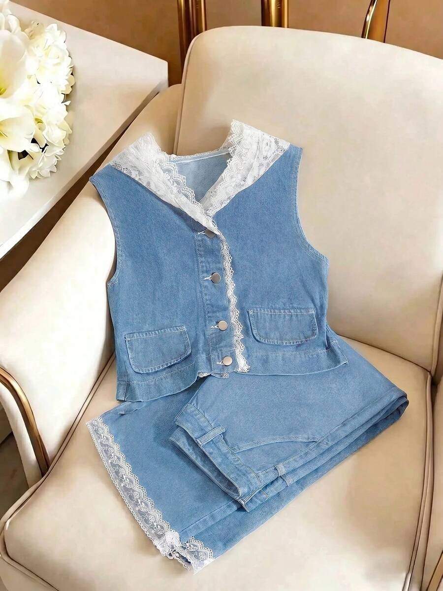 GlowEve Women's Contrast Lace Hooded Vest And Pants Casual Elegant Denim Suit Date Everyday Holiday Blue And White Summer - Light Wash - View 1