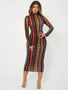 SHEIN SXY Geo & Striped Print Bodycon Dress - Multicolor - View 7