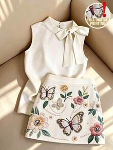 SHEIN Franclia Set estivo da donna con camicia senza maniche con lacci beige elegante & minigonna a trapezio con stampa floreale a farfalla, stile delicato, fresco e versatile, per pendolarismo quotidiano, appuntamenti, viaggi - Multicolore - Visualizzare 1