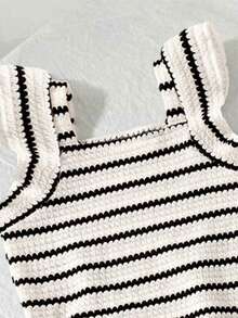 Elladie kids 2pcs Girls Striped Jacquard Knit Square Neck Fitted T-Shirt And Pants Set, Suitable For Casual, Vacation, Summer Wear. Girls 2pcs Set, Ribbed Set, Summer 2pcs Set, Kids 2pcs Set, Toddler 2pcs Set, Preppy Style 2pcs Set, Girls Set, Outdoor Clothing - Black - View 6