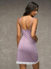 Esseday Lace Trimmed Wrapped Cami Sleep Dress Pajama Dress - Mauve Purple - View 6