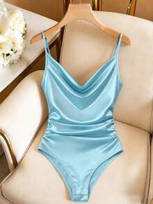 Qadelle Women's Fashion Casual Draped Neck Ruched Sleeveless Camisole, Suitable For Daily Wear - Blue - View 1
