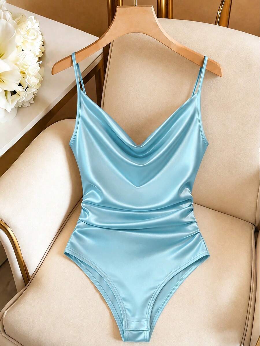Qadelle Women's Fashion Casual Draped Neck Ruched Sleeveless Camisole, Suitable For Daily Wear - Blue - View 1