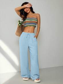 SHEIN PETITE 休閒寬鬆百搭素色長褲 - 藍色 - 查看 7