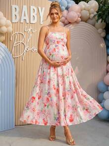 Loomaby Pregnant Women Summer Elegant Floral Print Spaghetti Strap Dress,Gender Reveal Dress,Maternity Dress,Baby Shower Dress - Red - View 8