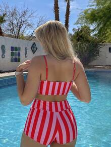 Swim Vcay Bộ bikini nữ mùa hè đi biển gồm áo kẻ sọc và quần short buộc dây - Nhiều màu - Xem 2