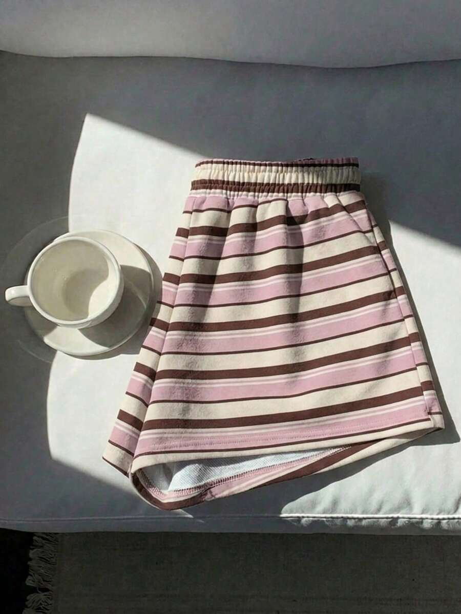 Comfortcana Casual Minimalist Pink Brown Striped Print Pattern Women's Casual Shorts Suitable For Summer - Multicolor - View 1