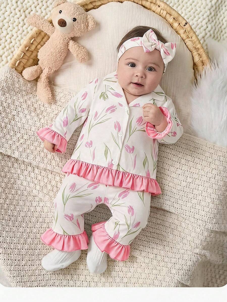 Set Pakaian Santai Bayi Perempuan Kasual Lucu Rajut Motif Bunga Warna Blok Lengan Panjang Atasan dan Celana - Baby Pink - View 1