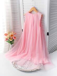 SHEIN Elegante vestido de niña con volantes y decoración de perlas en malla - Rosa - Ver 2