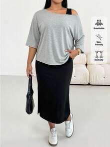 SHEIN Essnce Bộ đồ đôi thời trang mùa xuân/hè dành cho nữ cỡ lớn, kiểu dáng thoải mái, co giãn, dễ mặc hàng ngày, cơ bản, đa năng, tôn dáng gồm áo vest đen dài và áo khoác ngoài màu xám nhạt, phong cách đơn giản, trang phục sân bay, mùa hè châu Âu. - Xám - Xem 4
